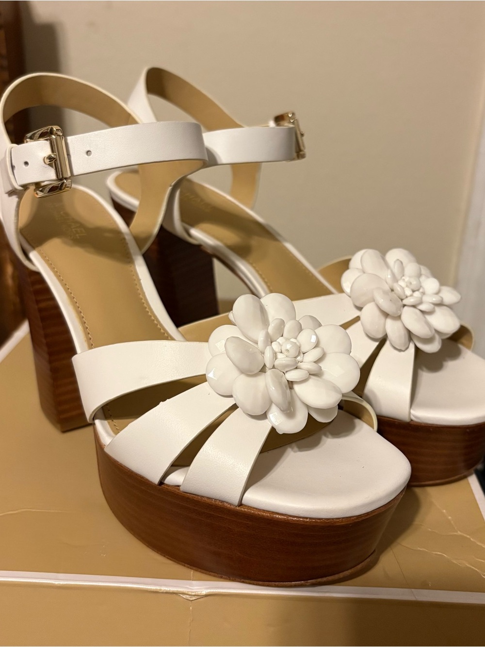 Michael Kors White Floral Platform Block Heel Sandals
